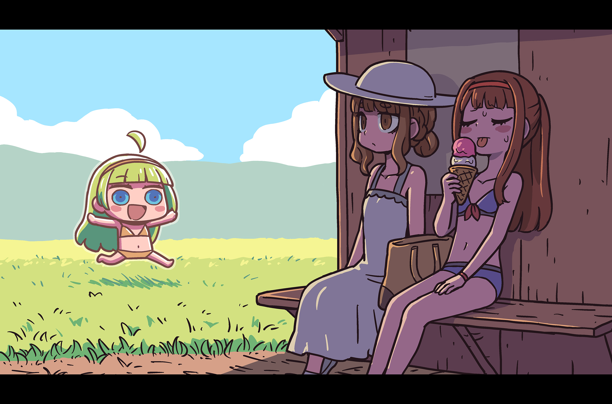 riyo (lyomsnpmp), miyao miya, shimabara elena, tanaka kotoha, idolmaster, idolmaster million live!, highres, 3girls, ahoge, bag, bikini, chibi, closed eyes, day, detached ahoge, dress, food, hairband, hat, holding, holding ice cream cone, ice cream, ice cream cone, long hair, multiple girls, navel, outdoors, ponytail, running, shade, sitting, sleeveless, sleeveless dress, sun hat, sundress, swimsuit, tongue, tongue out, white dress, white hat