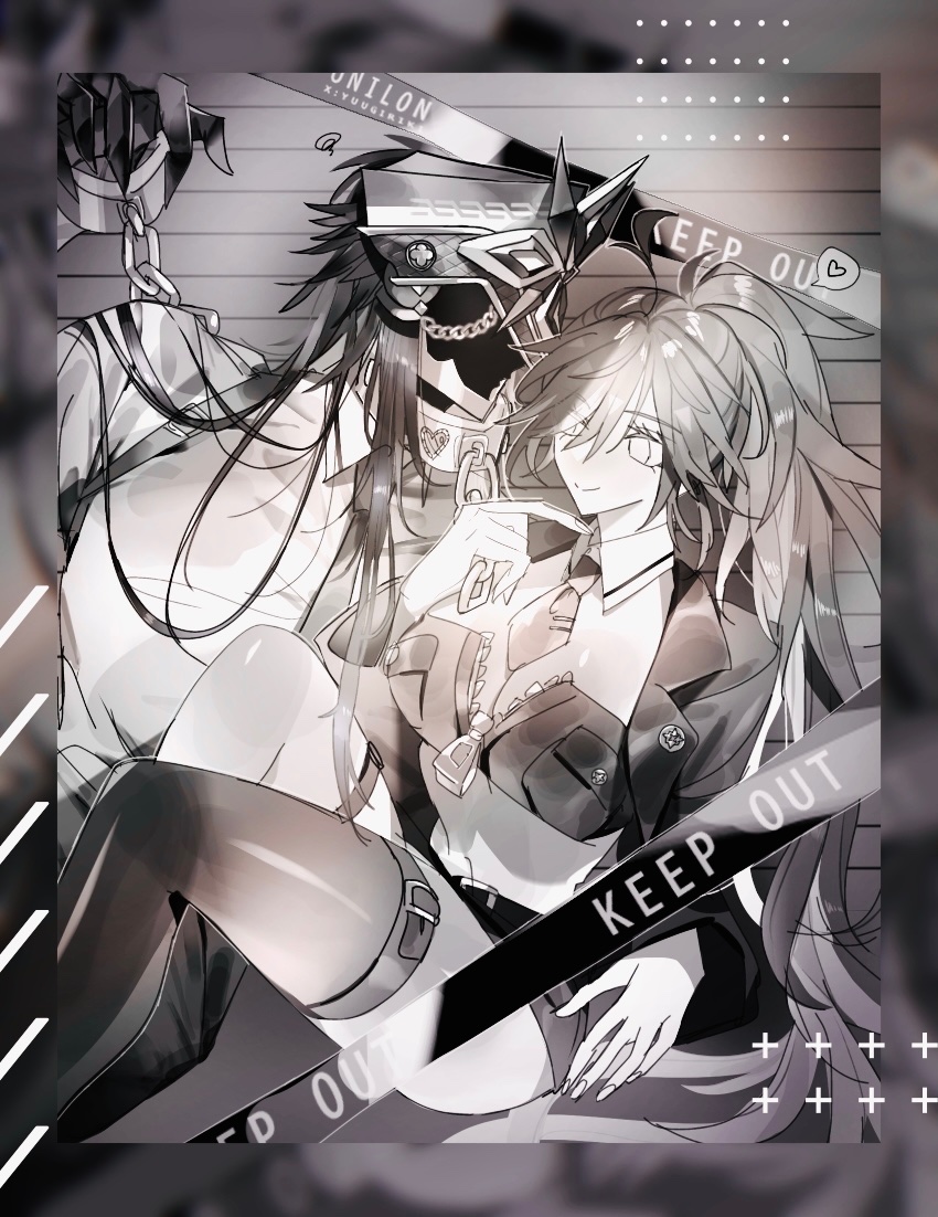capitano (genshin impact), mavuika (genshin impact), genshin impact, 1boy, 1girl, ahoge, black gloves, black hair, black necktie, breasts, closed mouth, collared shirt, gloves, jacket, long hair, long sleeves, necktie, orange hair, red hair, red nails, shirt, skirt, suit jacket, white shirt, yuugiriki