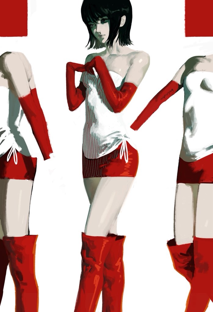 sua (alien stage), alien stage, commentary, hashtag-only commentary, 1girl, alternate costume, bare shoulders, black hair, boots, breasts, closed mouth, elbow gloves, gloves, knee boots, martographic, miniskirt, pencil skirt, red boots, red gloves, shirt, short hair, skirt, small breasts, strapless, strapless shirt, white shirt