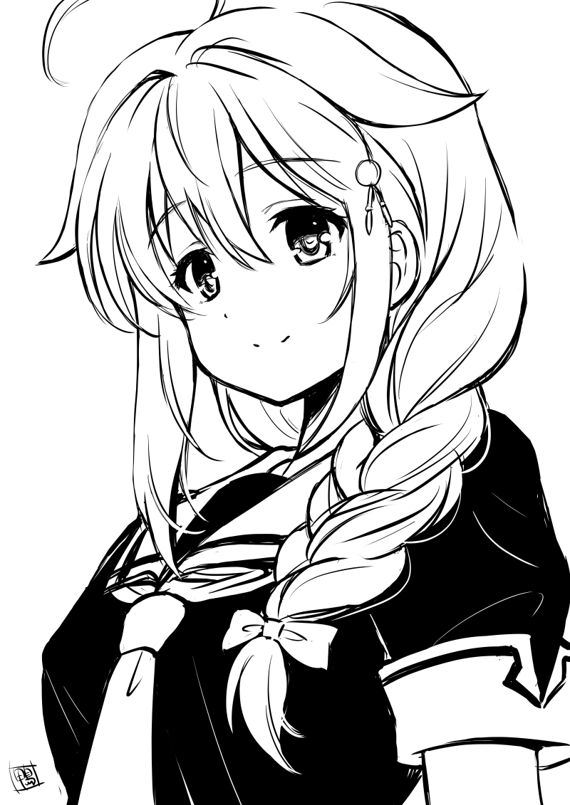 kamogawa tanuki, shigure (kancolle), shigure kai ni (kancolle), kantai collection, 1girl, ahoge, braid, grey hair, hair flaps, hair over shoulder, long hair, looking at viewer, monochrome, neckerchief, school uniform, serafuku, simple background, single braid, smile, solo, split mouth, upper body