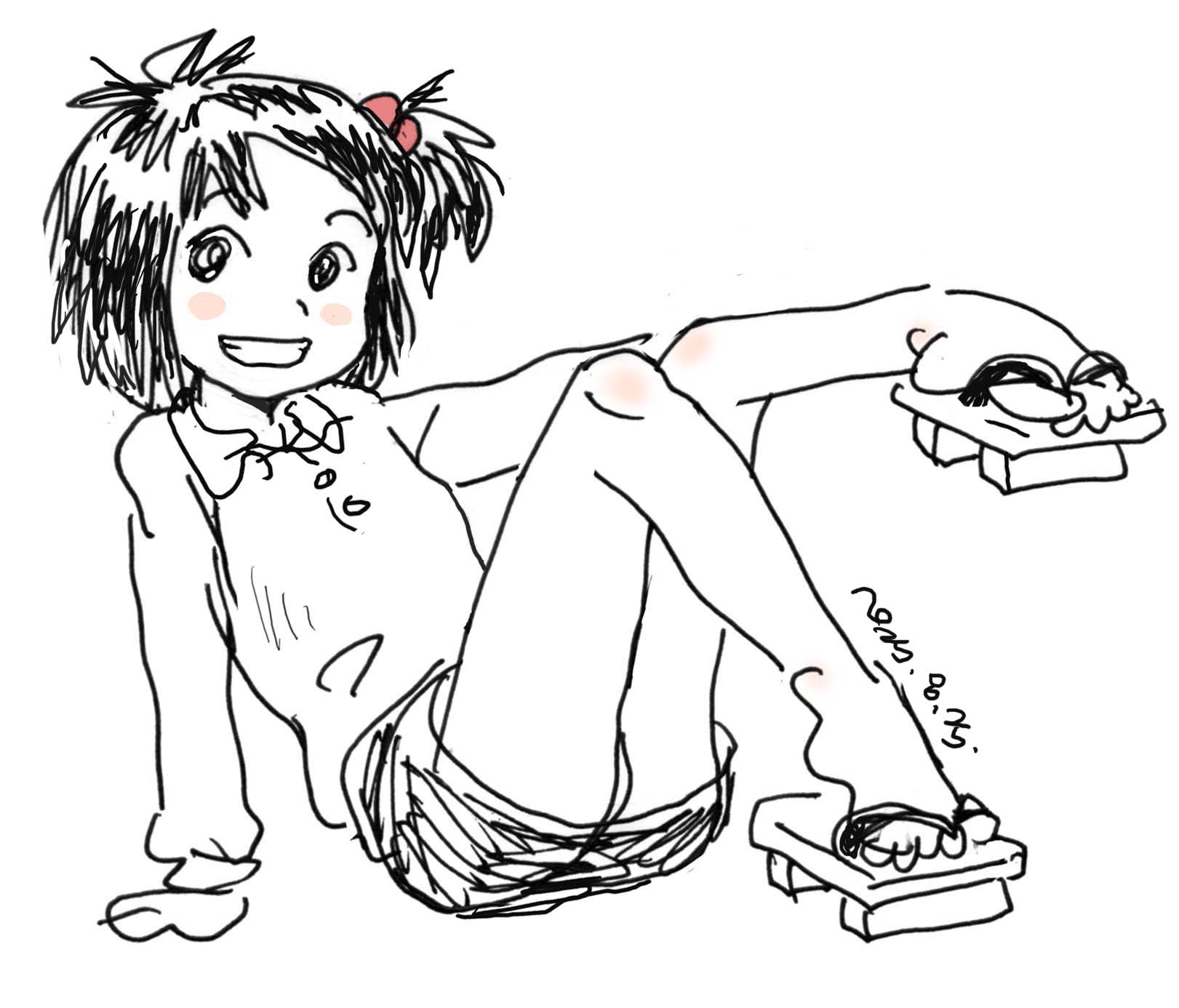 fussan senryobako, character request, copyright request, highres, 1girl, arm support, black hair, blush, blush stickers, dated, full body, geta, grin, hair bobbles, hair ornament, long sleeves, looking at viewer, monochrome, one side up, open mouth, panties, pantyshot, shirt, short hair, simple background, sitting, sketch, skirt, smile, spot color, underwear, white background