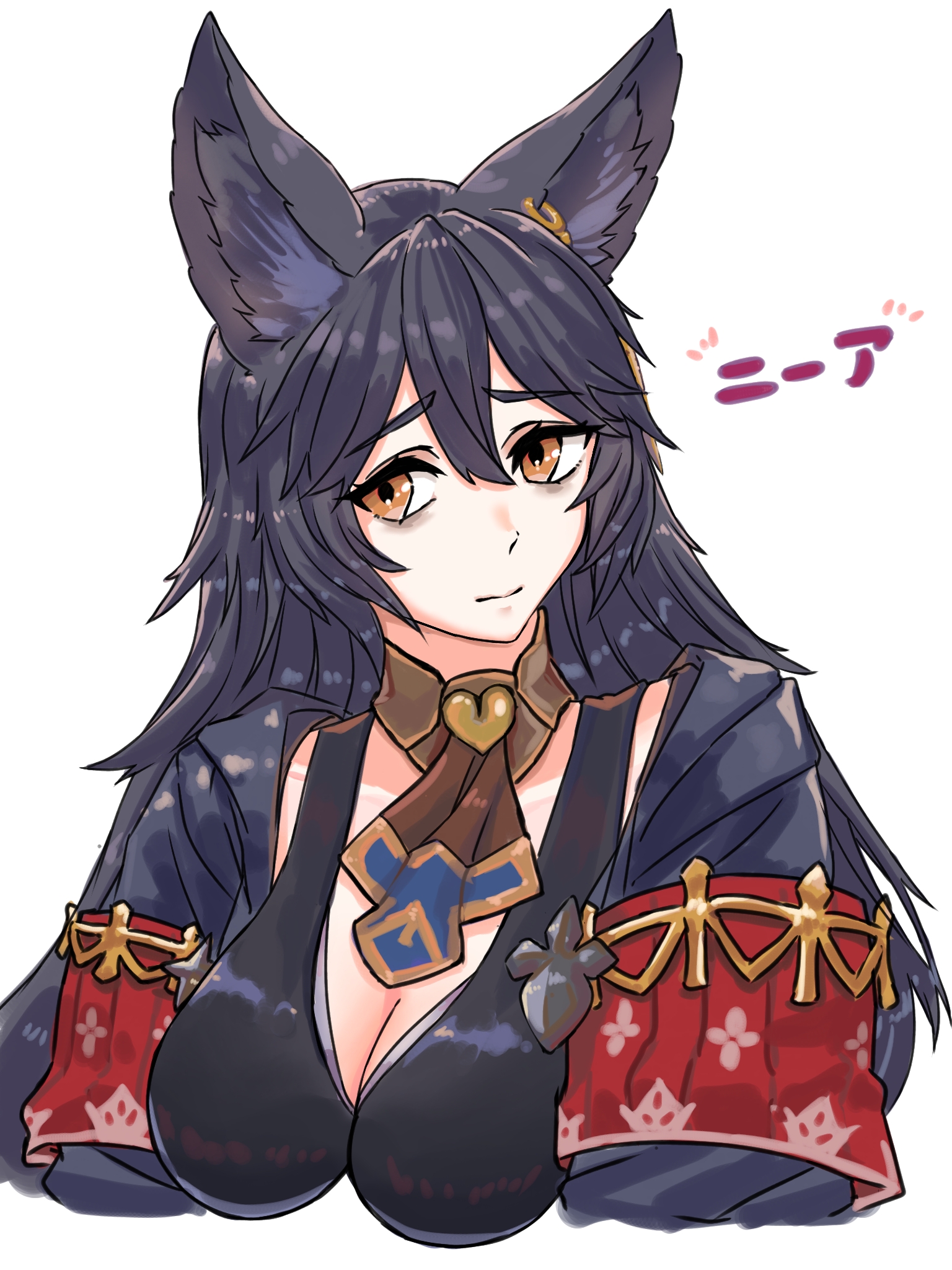 niwaikanai, nier (granblue fantasy), granblue fantasy, highres, translation request, 1girl, animal ears, ascot, bags under eyes, black dress, black hair, black robe, breasts, brown ascot, brown eyes, cleavage, detached collar, dress, ear piercing, erune, large breasts, long hair, long sleeves, looking at viewer, piercing, robe, solo