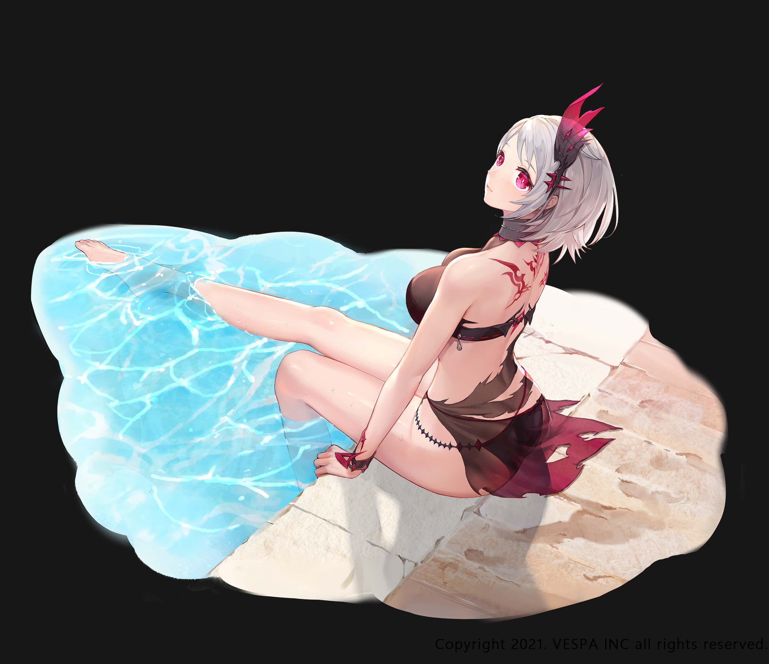 frey (king's raid), king's raid, commentary, english commentary, highres, official art, 1girl, back tattoo, bikini, black bikini, bracelet, breasts, choker, dark persona, fallen frey (king's raid), full body, grey hair, jewelry, ji yu lee, large breasts, leg up, medium hair, official alternate costume, poolside, red eyes, red sarong, sarong, soaking feet, solo, swimsuit, tattoo, torn clothes, torn sarong, water, wet
