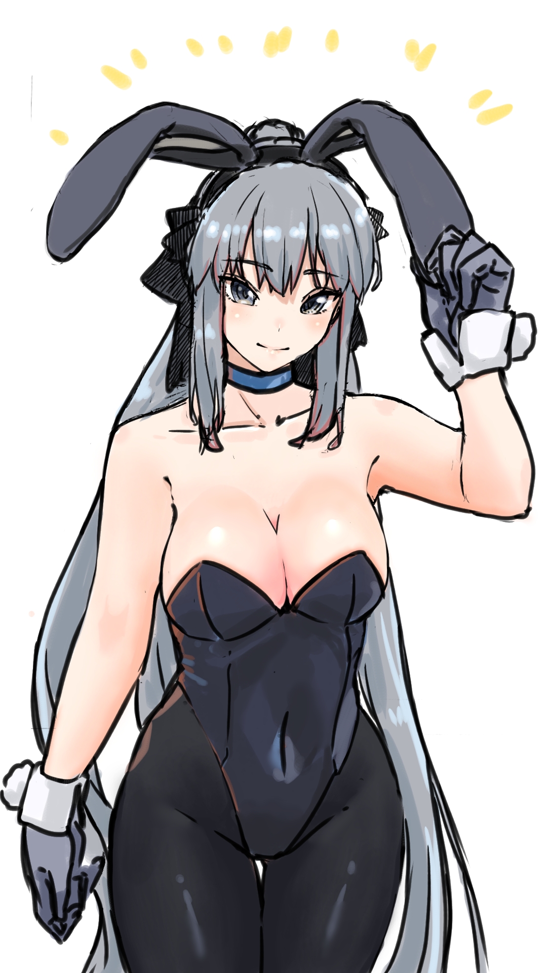 niwaikanai, morgan le fay (fate), fate/grand order, fate (series), highres, 1girl, animal ears, bare shoulders, black bow, black leotard, black pantyhose, blue eyes, bow, braid, breasts, choker, cleavage, covered navel, fake animal ears, gloves, grey gloves, grey hair, hair bow, highleg, highleg leotard, large breasts, leotard, long hair, looking at viewer, pantyhose, playboy bunny, ponytail, rabbit ears, sidelocks, smile, solo, thighs, very long hair, wrist cuffs
