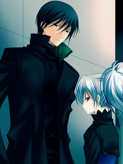 vanilla (artist), hei (darker than black), yin (darker than black), darker than black, 00s, 1boy, 1girl, black hair, coat, short hair, size difference, white hair