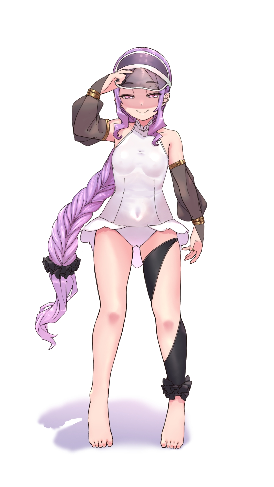 niwaikanai, wu zetian (fate), fate/grand order, fate (series), highres, 1girl, armlet, asymmetrical legwear, bare shoulders, barefoot, bracelet, braid, braided ponytail, breasts, covered navel, detached sleeves, forehead, hat, jewelry, long hair, looking at viewer, one-piece swimsuit, parted bangs, purple eyes, purple hair, see-through clothes, see-through hat, see-through sleeves, sidelocks, small breasts, smile, solo, swimsuit, very long hair, visor cap, white hat, white one-piece swimsuit