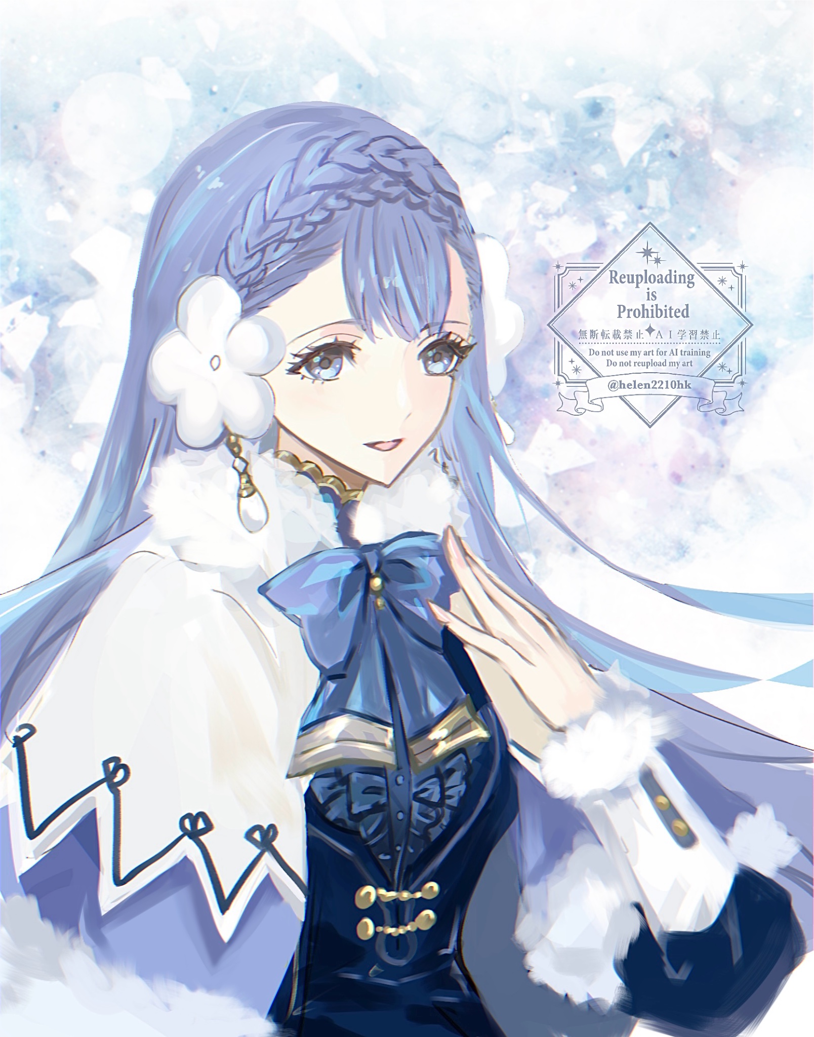 helen (helen2210hk), rinea (fire emblem), fire emblem, fire emblem echoes: shadows of valentia, nintendo, highres, 1girl, blue dress, blue eyes, blue hair, braid, cape, crown braid, dress, fur trim, hair between eyes, hair ornament, long hair, long sleeves, open mouth, smile, solo, upper body, white cape