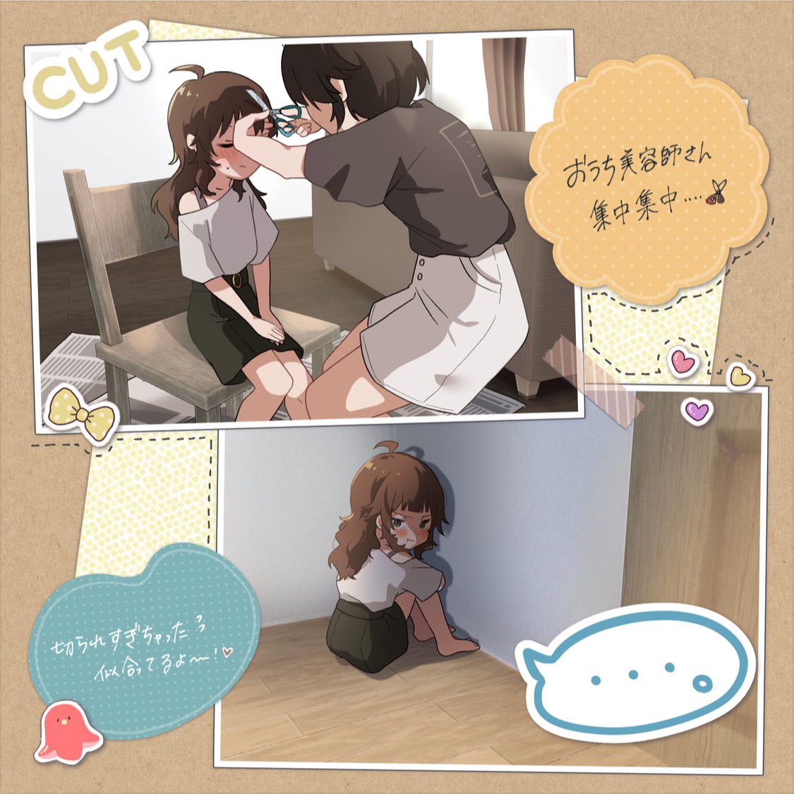 meno (imas ll), hoshii miki, idolmaster, idolmaster (classic), translation request, 2girls, :t, aged down, ahoge, black skirt, blunt bangs, blush, brown hair, chair, closed eyes, cutting hair, heart, indoors, long hair, looking at viewer, looking back, mother and daughter, multiple girls, on chair, photo (object), photo album, pout, shirt, sitting, skirt, speech bubble, sticker, white shirt