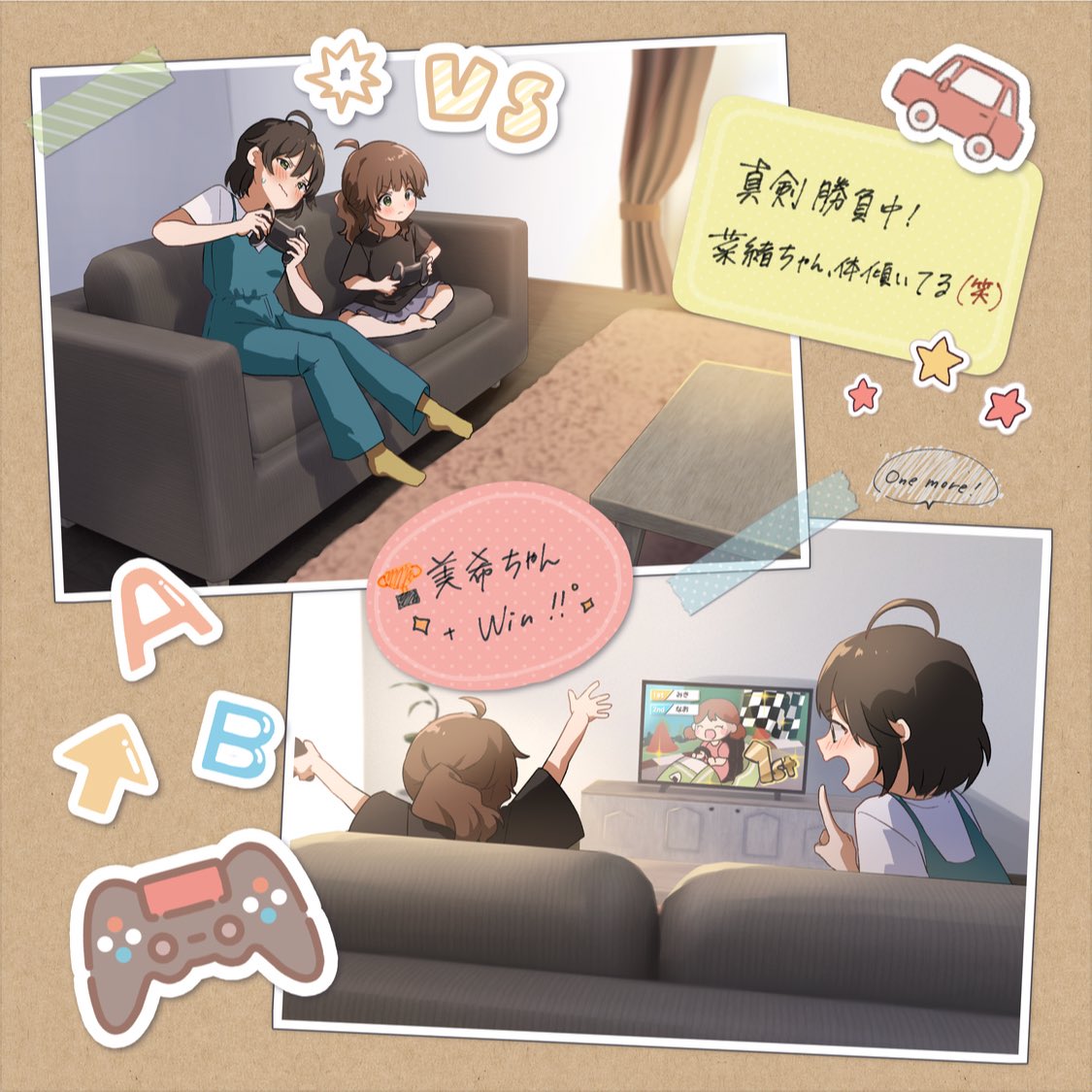 meno (imas ll), hoshii miki, idolmaster, idolmaster (classic), translation request, 2girls, aged down, brown hair, controller, couch, game controller, holding, holding controller, holding game controller, indoors, mother and daughter, multiple girls, on couch, photo (object), photo album, playing games, ponytail, sitting, sticker, television