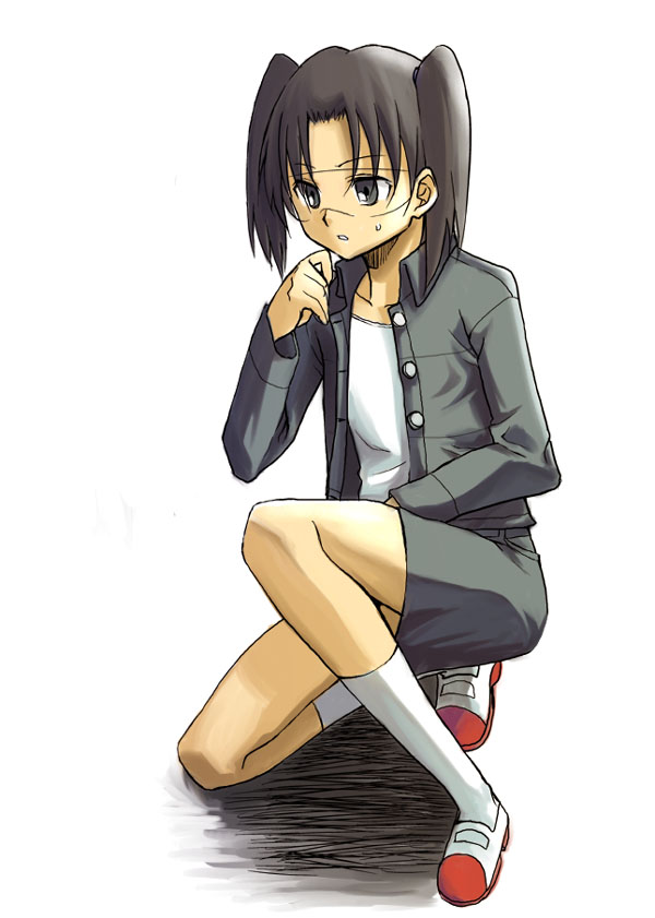 amasawa yuuko, dennou coil, tagme, 00s, black eyes, black hair, kneeling, sweatdrop, twintails