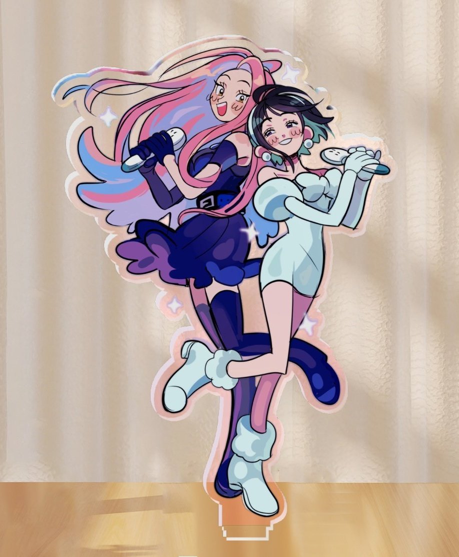 alos (alosrovolo), mizi (alien stage), sua (alien stage), alien stage, commentary, english commentary, photo (medium), 2girls, acrylic stand (medium), asymmetrical gloves, black boots, black dress, black gloves, black hair, boots, bow, chest bow, dress, dress bow, earrings, elbow gloves, foot up, gloves, holding, holding microphone, jewelry, juliet sleeves, long hair, long sleeves, looking at another, microphone, multiple girls, open mouth, pearl earrings, pink hair, puffy sleeves, purple eyes, short hair, short sleeves, single elbow glove, smile, uneven gloves, very long hair, white boots, white bow, white dress, white gloves, yellow eyes