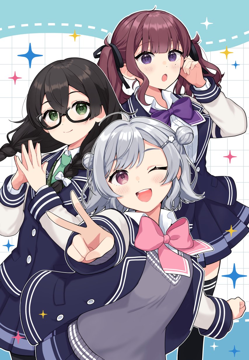 binchou maguro, hanakuma chifuyu, koharu rikka, natsuki karin, cevio, synthesizer v, commentary, highres, symbol-only commentary, 3girls, :o, ;d, black-framed eyewear, black hair, black ribbon, blue jacket, blunt bangs, blush, bow, bowtie, braid, brown hair, closed mouth, double-parted bangs, double bun, glasses, green necktie, grey hair, grey sweater, hair bun, jacket, long hair, long sleeves, looking at viewer, multiple girls, necktie, one eye closed, open clothes, open jacket, open mouth, outstretched arm, own hands together, pink bow, pink bowtie, purple eyes, ribbon, short hair, smile, sweater, twin braids, twintails, v, wing collar