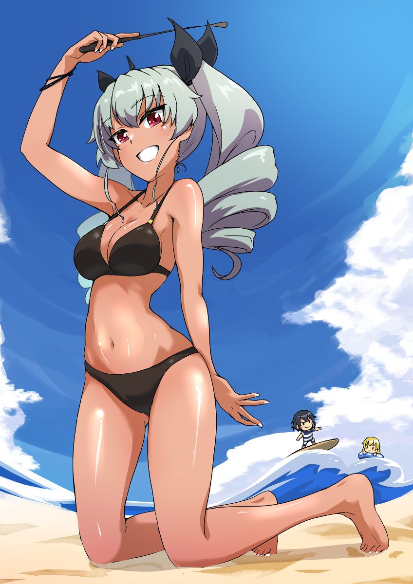 buchikaki, anchovy (girls und panzer), carpaccio (girls und panzer), pepperoni (girls und panzer), girls und panzer, highres, 3girls, barefoot, beach, bikini, black bikini, blue sky, breasts, cleavage, cloud, dark-skinned female, dark skin, day, drill hair, green hair, kneeling, long hair, medium breasts, multiple girls, ocean, outdoors, red eyes, riding crop, sky, solo focus, surfing, swimsuit, tan, twin drills, twintails, waves