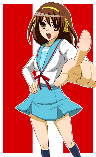 suzumiya haruhi, suzumiya haruhi no yuuutsu, tagme, 00s, 1girl, blue skirt, border, brown hair, facing viewer, feet out of frame, female focus, foreshortening, hairband, hand on own hip, looking at viewer, miniskirt, outline, outside border, pleated skirt, pointing, pointing at viewer, purple socks, school uniform, serafuku, skirt, socks, solo, standing, white border, white outline, yellow eyes, yellow hairband