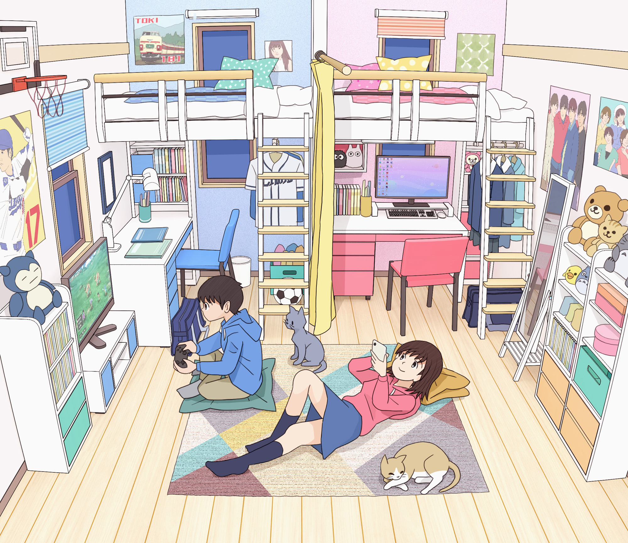 kiyo (kyokyo1220), moomintroll, rilakkuma, snorlax, totoro, moomin, nintendo, original, pokemon, san-x, studio ghibli, tonari no totoro, 1boy, 1girl, animal, bag, ball, baseball bat, basketball hoop, bed, bedroom, black eyes, black skirt, black socks, blanket, blue cardigan, blue hoodie, blue skirt, breasts, brother and sister, brown hair, brown pants, bunk bed, cardigan, cat, cellphone, clothes hanger, computer, computer keyboard, computer mouse, controller, cup, curtains, desk, desk lamp, game controller, gen 1 pokemon, grey fur, grey socks, holding, holding controller, holding game controller, holding phone, hood, hoodie, lamp, long sleeves, lying, mirror, monitor, on floor, orange fur, pants, pen, phone, pillow, pink hoodie, playing games, poster (object), rug, school bag, shirt, short hair, siblings, sitting, skirt, small breasts, smartphone, smile, soccer ball, socks, stuffed animal, stuffed bird, stuffed cat, stuffed toy, teddy bear, television, unworn cardigan, unworn shirt, unworn skirt, white shirt, window, window blinds