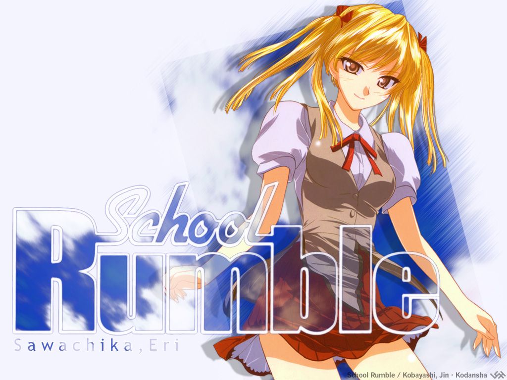 sawachika eri, kodansha, school rumble, tagme, 00s, 1girl, artist name, blonde hair, character name, company name, copyright name, female focus, long hair, looking at viewer, puffy short sleeves, puffy sleeves, school uniform, short sleeves, smile, solo, twintails, yellow eyes