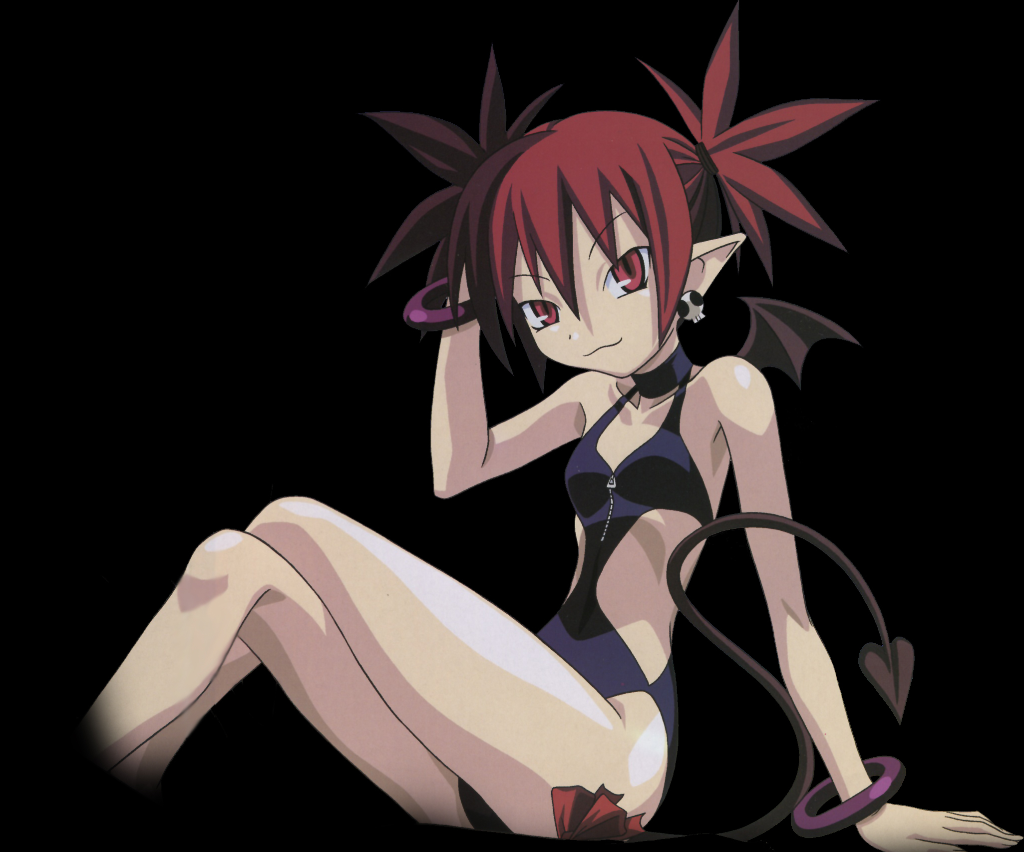 etna (disgaea), disgaea, highres, 1girl, ass, black background, bracelet, breasts, curvy, demon girl, demon tail, demon wings, female focus, jewelry, long hair, looking at viewer, puff of air, shiny skin, simple background, sitting, skinny, small breasts, solo, swimsuit, tail, twintails, wings, zipper