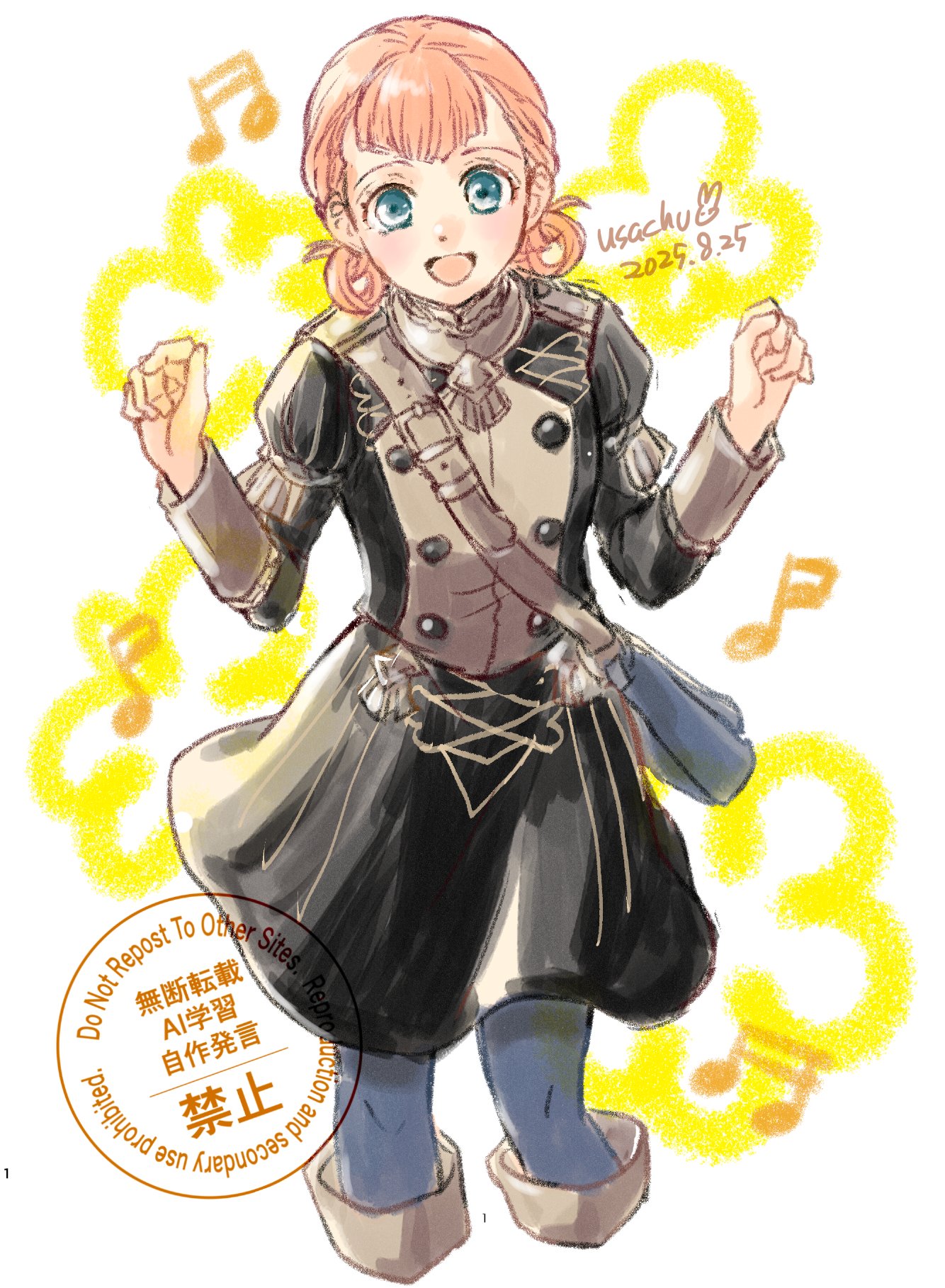 usachu now, annette fantine dominic, fire emblem, fire emblem: three houses, nintendo, highres, 1girl, bag, blue eyes, blue pantyhose, blush, boots, breasts, garreg mach monastery uniform, green eyes, hair rings, long sleeves, looking at viewer, musical note, open mouth, orange hair, pantyhose, short hair, shoulder bag, smile, solo