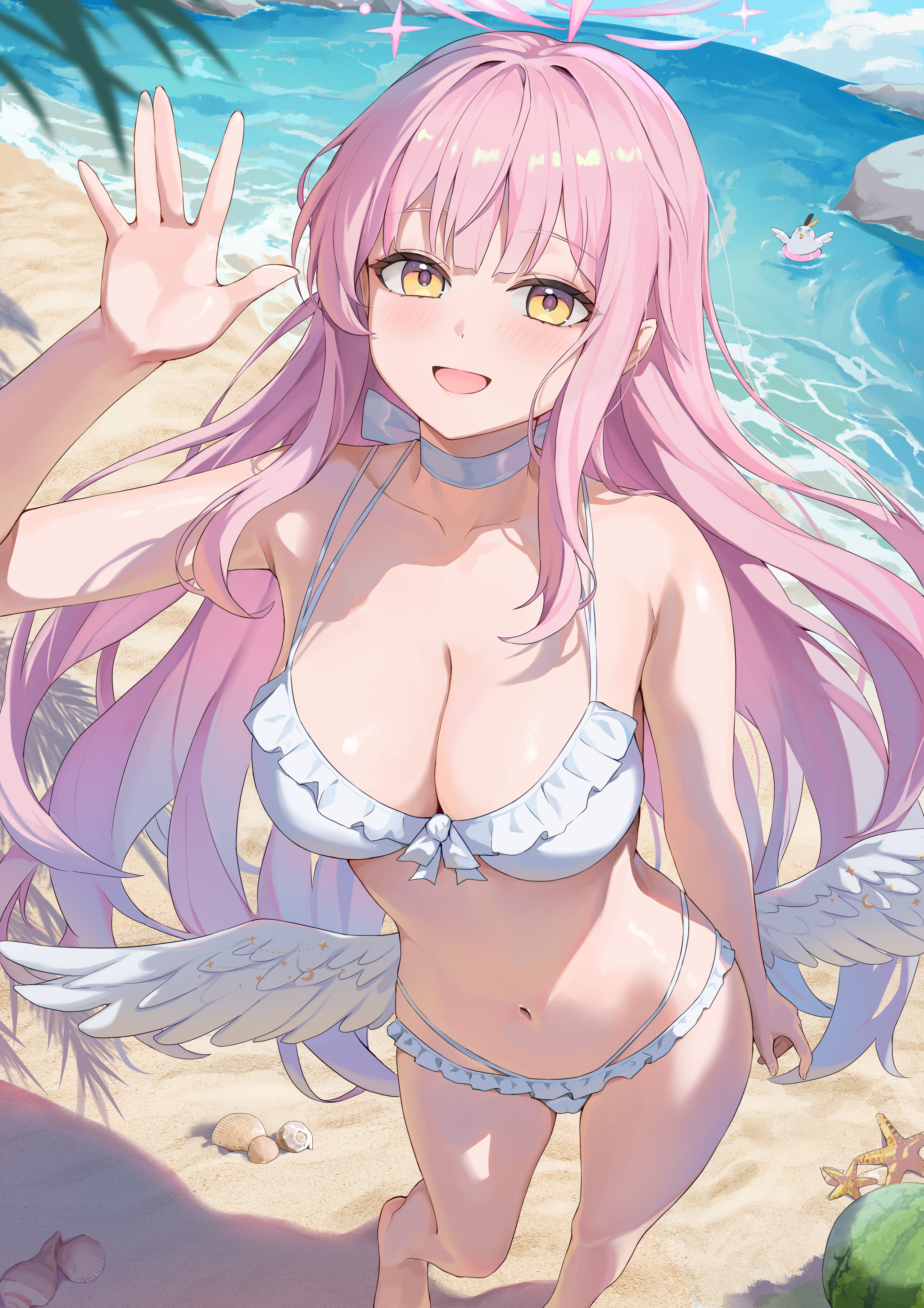 hokori sakuni, mika (blue archive), mika (swimsuit) (blue archive), peroro (blue archive), blue archive, absurdres, highres, 1girl, beach, bikini, blue sky, blush, breasts, choker, cleavage, day, feathered wings, frilled bikini, frills, halo, hand up, large breasts, long hair, looking at viewer, low wings, ocean, official alternate costume, official alternate hairstyle, open mouth, outdoors, pink hair, pink halo, sky, smile, solo, standing, swimsuit, thighs, very long hair, white bikini, white choker, white wings, wings, yellow eyes