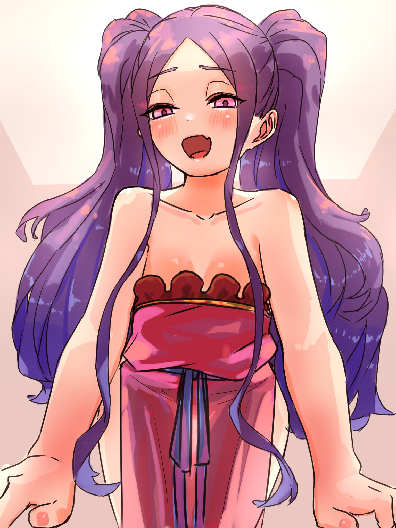 niwaikanai, wu zetian (fate), wu zetian (first ascension) (fate), fate/grand order, fate (series), highres, 1girl, bare shoulders, blush, breasts, dress, forehead, leaning forward, long hair, looking at viewer, open mouth, parted bangs, pelvic curtain, pink dress, purple eyes, purple hair, sidelocks, small breasts, smile, solo, thighs, twintails, very long hair