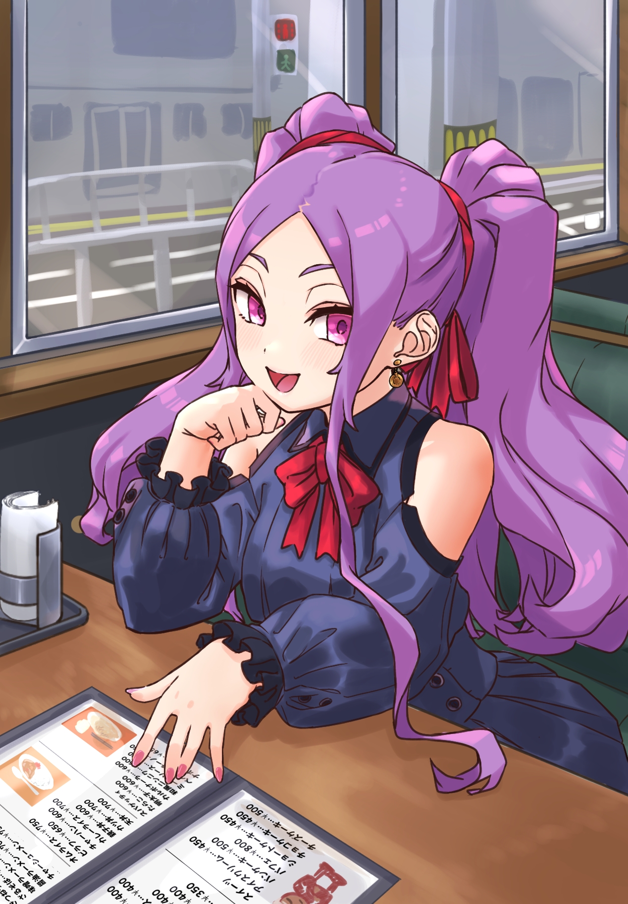 niwaikanai, wu zetian (fate), fate/grand order, fate (series), highres, 1girl, blue dress, blush, breasts, clothing cutout, dress, earrings, forehead, hair ribbon, jewelry, long hair, long sleeves, looking at viewer, menu, neck ribbon, open mouth, parted bangs, purple eyes, purple hair, ribbon, shoulder cutout, sidelocks, sitting, small breasts, smile, solo, table, twintails, very long hair, window