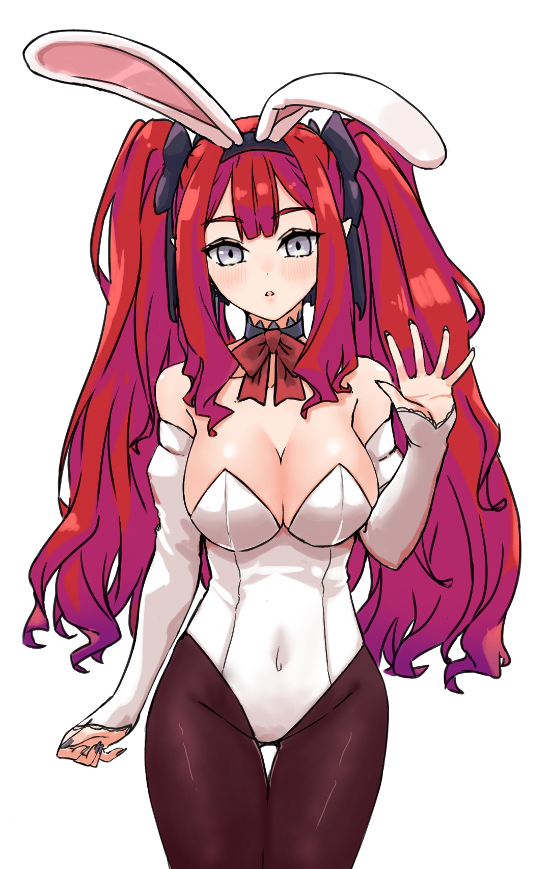 niwaikanai, baobhan sith (fate), fate/grand order, fate (series), highres, 1girl, animal ears, bare shoulders, blush, breasts, brown pantyhose, choker, cleavage, covered navel, detached sleeves, fake animal ears, grey eyes, large breasts, leotard, long hair, looking at viewer, neck ribbon, pantyhose, playboy bunny, pointy ears, rabbit ears, red hair, ribbon, sidelocks, solo, thighs, twintails, white leotard