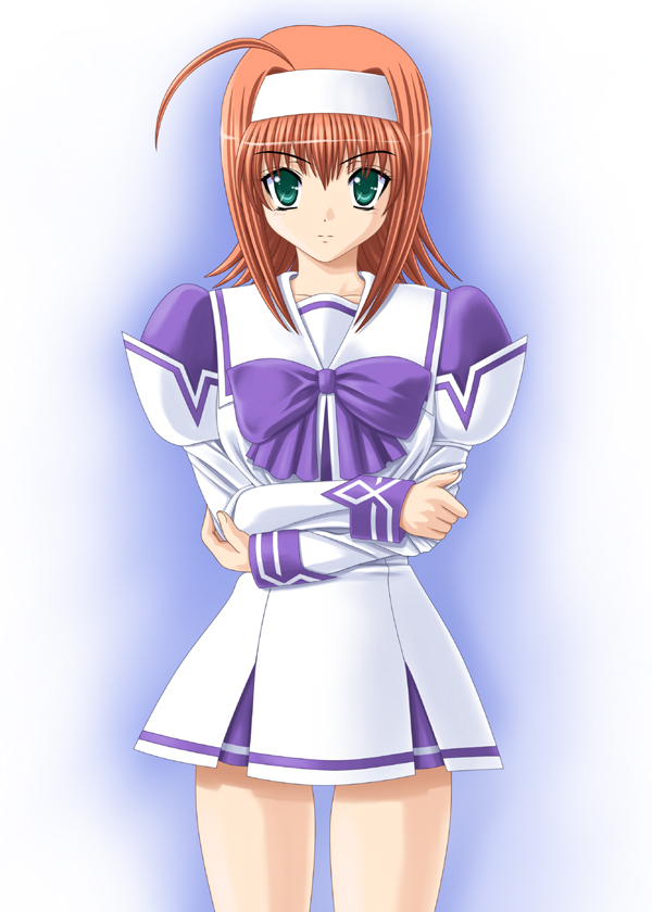 suzumiya akane, kimi ga nozomu eien, 00s, 1girl, ahoge, female focus, gradient background, green eyes, orange hair, school uniform, serafuku, skirt, solo