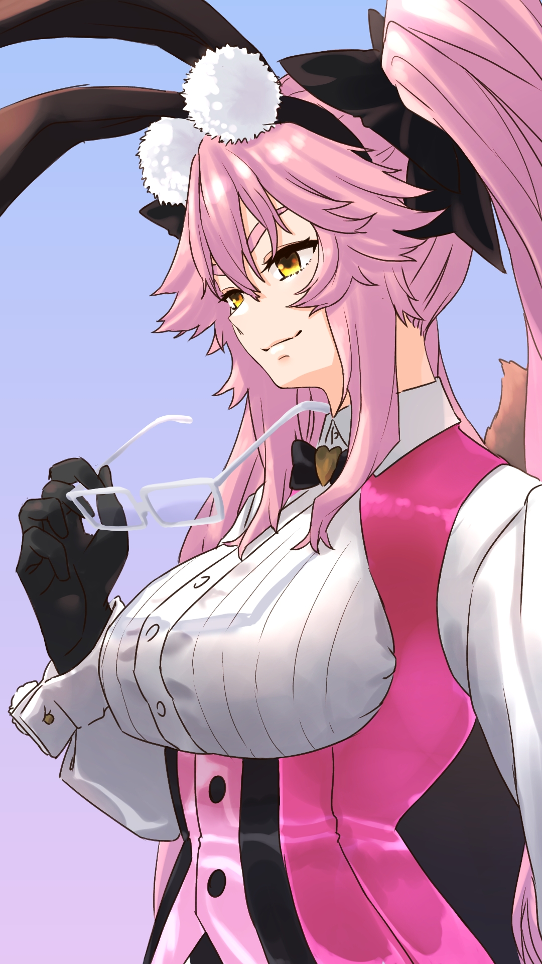 niwaikanai, koyanskaya (assassin) (second ascension) (fate), koyanskaya (fate), tamamo (fate), fate/grand order, fate (series), highres, 1girl, animal ear fluff, animal ears, black bow, black gloves, bow, breasts, collared shirt, corset, dress shirt, fox tail, glasses, gloves, hair between eyes, hair bow, large breasts, long hair, long sleeves, pink hair, rabbit ears, shirt, sidelocks, solo, tail, twintails, underbust, unworn eyewear, white shirt, yellow eyes