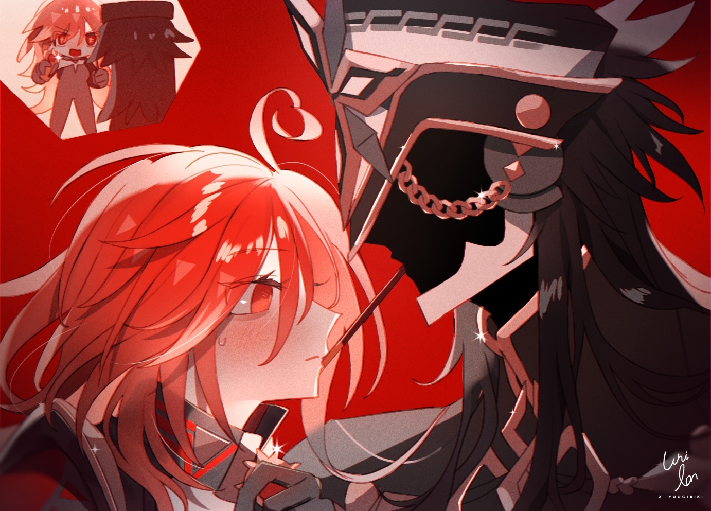 capitano (genshin impact), mavuika (genshin impact), genshin impact, 1boy, 1girl, ahoge, black gloves, black hair, blush, closed mouth, gloves, long hair, long sleeves, orange eyes, orange hair, red hair, simple background, yuugiriki