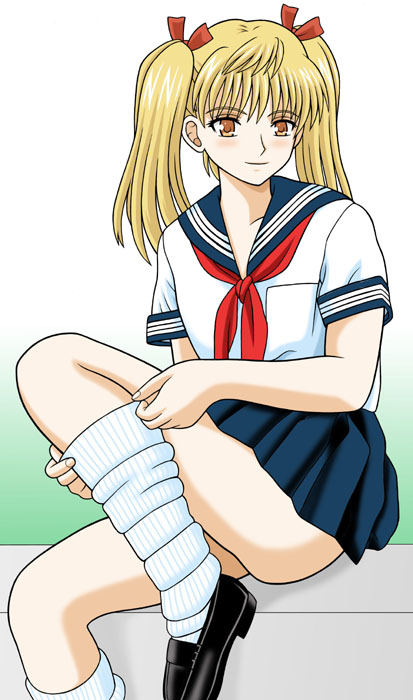 taishita, sawachika eri, school rumble, tagme, 00s, 1girl, black shoes, blonde hair, female focus, loafers, long hair, loose socks, school uniform, serafuku, shoes, socks, solo, twintails, yellow eyes