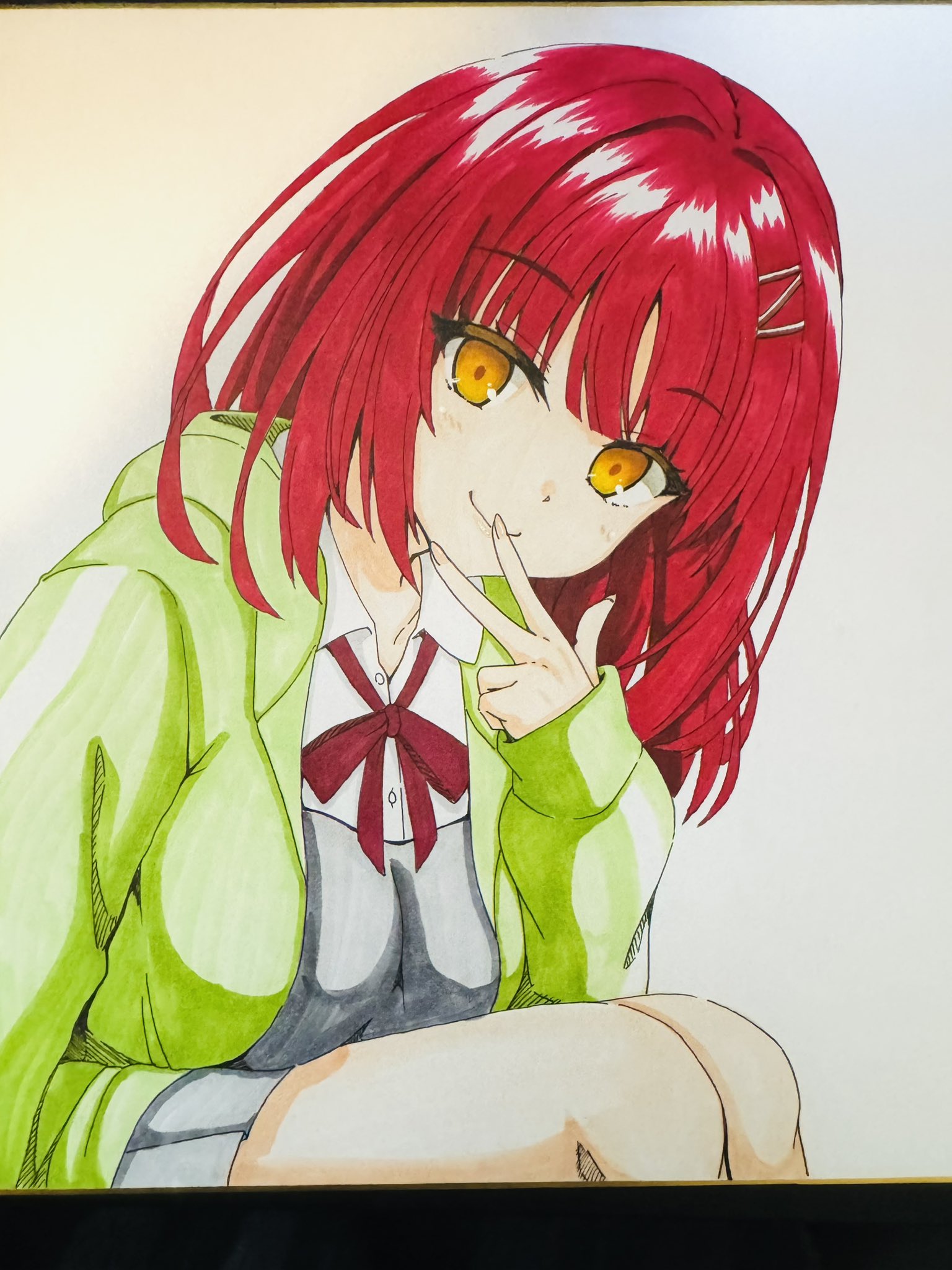 hirocchi, comiket 106, commentary request, highres, photo (medium), traditional media, 1girl, blunt bangs, bow, bowtie, closed mouth, collared shirt, colored eyelashes, eyelashes, eyes visible through hair, feet out of frame, futamihara ririko, green jacket, grey skirt, hair ornament, hairclip, hand up, hood, hood down, hooded jacket, jacket, leaning forward, limelight lemonade jam, looking at viewer, medium hair, miniskirt, open clothes, open jacket, orange eyes, pleated skirt, red bow, red bowtie, red hair, school uniform, shikishi, shirt, simple background, sitting, skirt, sleeves past wrists, smile, solo, straight hair, v, v over mouth, white background, white shirt