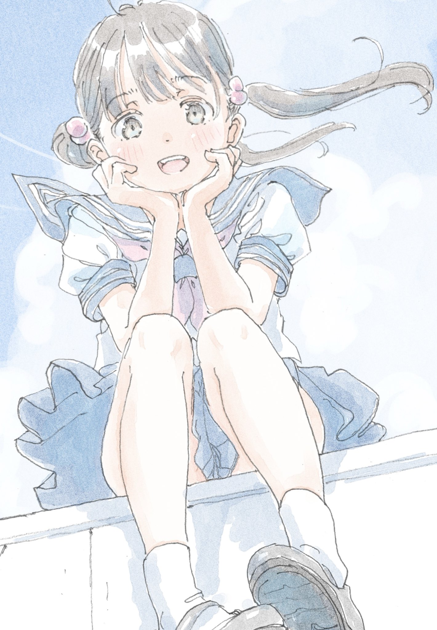 poranka (porankaran), original, highres, 1girl, ankle socks, blue sailor collar, blue skirt, blue sky, blunt bangs, blush, brown eyes, brown hair, cloud, cloudy sky, dot nose, double-parted bangs, dutch angle, hair bobbles, hair ornament, hands on own cheeks, hands on own face, looking at viewer, neckerchief, open mouth, outdoors, puffy short sleeves, puffy sleeves, red neckerchief, sailor collar, school uniform, serafuku, shirt, shoes, short sleeves, sitting, skirt, sky, smile, socks, solo, teeth, thighs, twintails, upper teeth only, white shirt, white socks