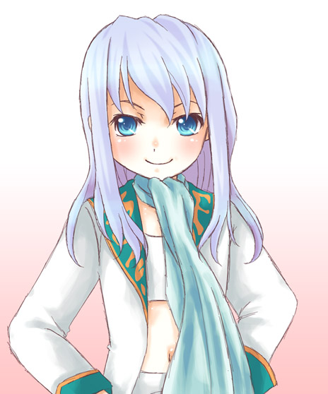 mashiro blan de windbloom, my-hime, silver hair, 00s, 1girl, androgynous, aqua scarf, blue eyes, blush, female focus, flat chest, jacket, long hair, looking at viewer, midriff, navel, scarf, smile, solo, standing, upper body