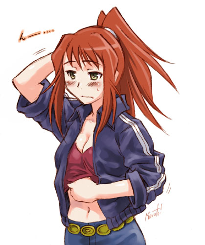 maruto!, sugiura midori, my-hime, lowres, 00s, 1girl, blush, breasts, cleavage, clothes lift, denim, female focus, green eyes, jacket, jeans, medium breasts, midriff, pants, ponytail, red hair, shirt lift, solo, sweat
