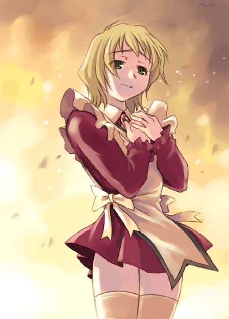 maruto!, erstin ho, my-otome, 00s, 1girl, blonde hair, female focus, garderobe uniform, green eyes, happy, long sleeves, maid, short hair, solo, sunset, tears, thighhighs, thighs