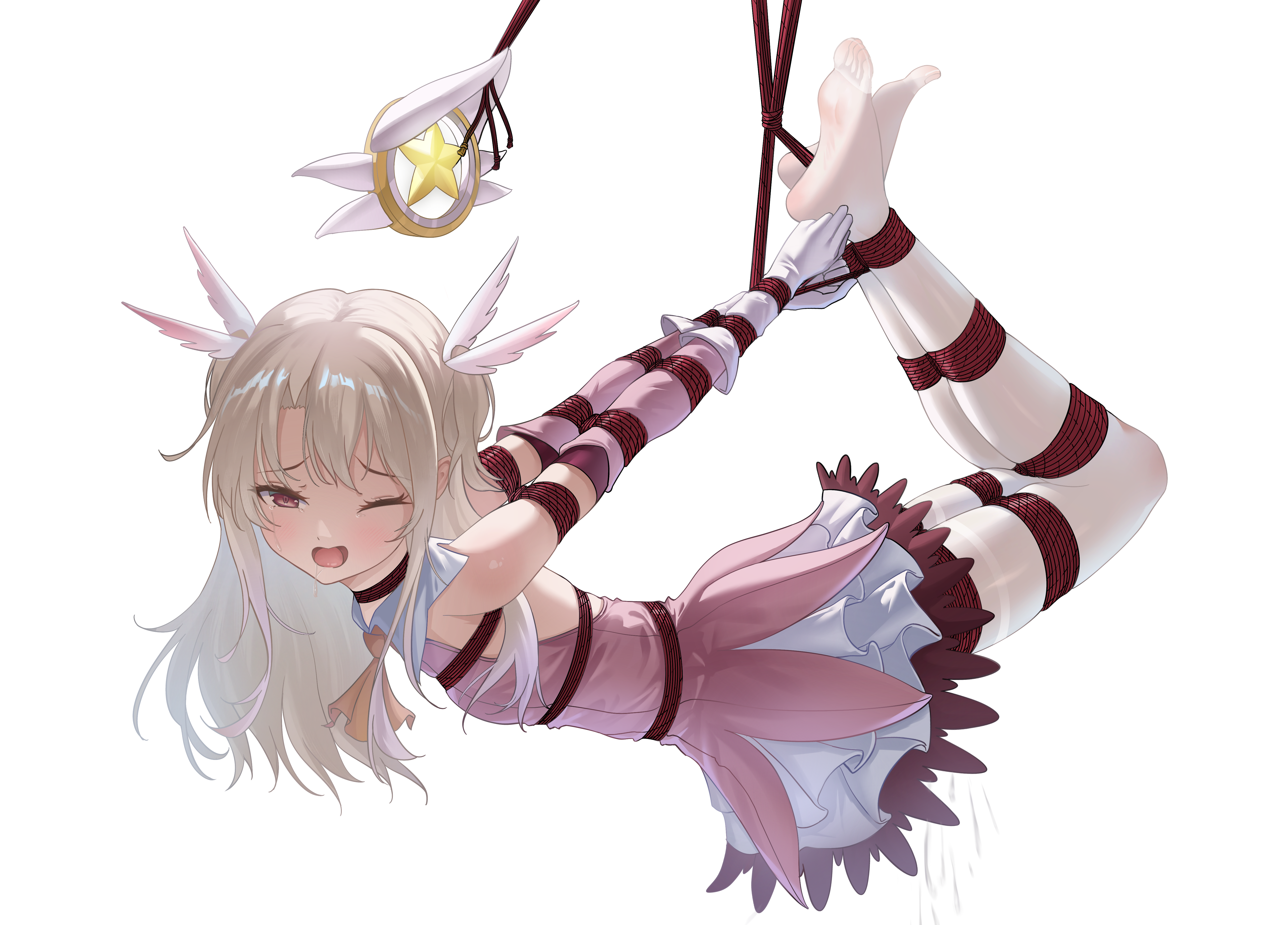 liangfangliangfangliang, illyasviel von einzbern, fate/kaleid liner prisma illya, fate (series), absurdres, highres, 1girl, arms behind back, bdsm, blonde hair, blush, bondage, bound, bound arms, bound legs, breasts, detached sleeves, dress, drooling, frilled dress, frills, gloves, hogtie, long hair, looking at viewer, one eye closed, open mouth, pantyhose, pink dress, pussy juice, red eyes, shibari, shibari over clothes, skindentation, small breasts, solo, suspension, white background, white gloves, white pantyhose