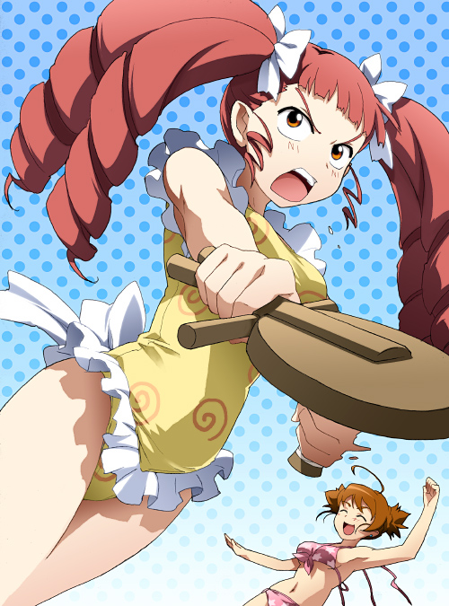 saipaco, arika yumemiya, shiho huit, my-hime, my-otome, 00s, 2girls, ahoge, angry, armpits, bikini, bow, brown hair, closed eyes, drill hair, frilled bikini, frills, hair bow, happy, long hair, multiple girls, one-piece swimsuit, orange eyes, quad tails, red hair, swimsuit