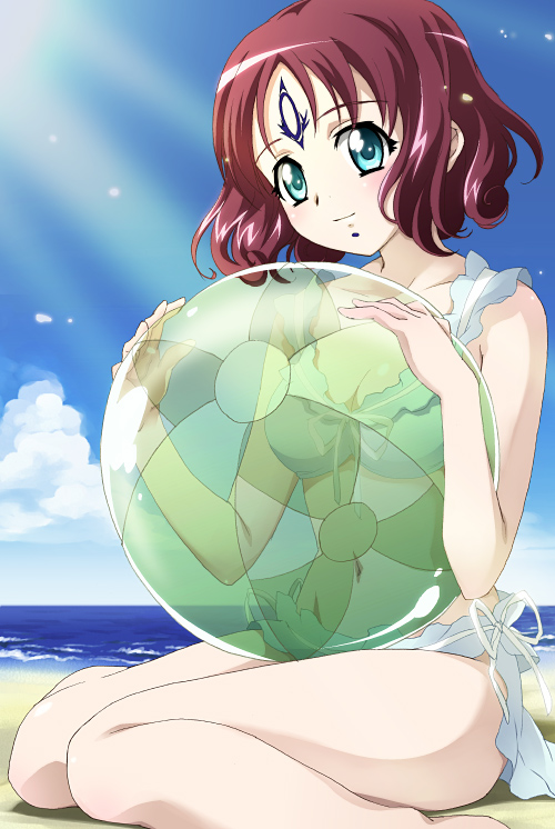 saipaco, angulas, simoun, 00s, 1girl, aqua eyes, beach, bikini, breasts, cleavage, cloud, day, female focus, medium breasts, navel, ocean, outdoors, purple hair, see-through clothes, short hair, side-tie bikini bottom, sitting, sky, smile, solo, swimsuit, tattoo