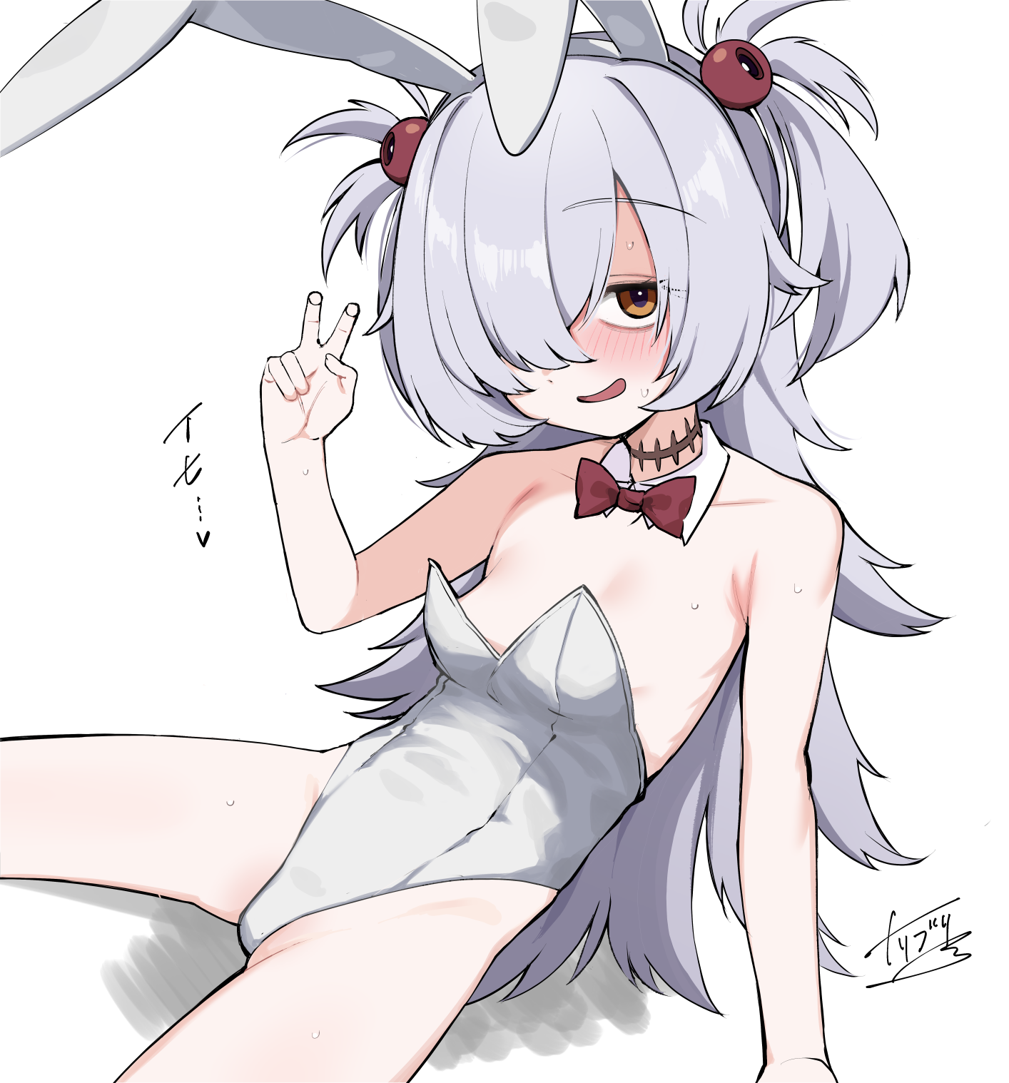 toriburi, kanoe (blue archive), blue archive, commentary request, highres, partial commentary, 1girl, animal ear hairband, animal ears, artist name, bow, bowtie, brown eyes, detached collar, fake animal ears, grey hair, hair over one eye, hairband, leotard, long hair, looking at viewer, no halo, oversized breast cup, pale skin, playboy bunny, rabbit ears, red bow, red bowtie, signature, simple background, sitting, solo, strapless, strapless leotard, two side up, v, white background, white leotard