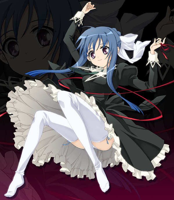 saipaco, suzumi tamao, strawberry panic!, duplicate, 00s, blue hair, dress, frills, long hair, panties, pantyshot, purple eyes, ribbon, school uniform, serafuku, smile, solo, thighhighs, underwear, white panties, zoom layer