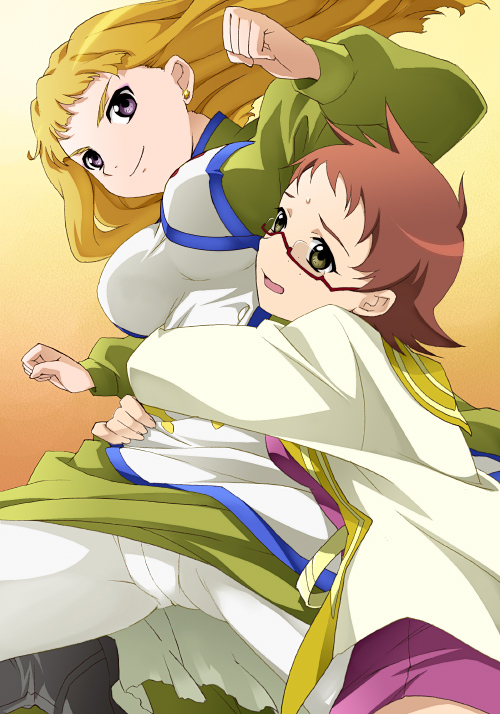 saipaco, haruka armitage, yukino chrysant, my-hime, my-otome, 00s, 2girls, blonde hair, brown hair, earrings, freckles, glasses, hug, jewelry, long hair, multiple girls, open mouth, purple eyes, short hair, smile
