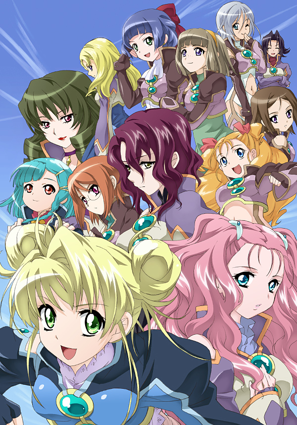 saipaco, aeru (simoun), alti (simoun), caimu (simoun), dominura (simoun), floe (simoun), limone (simoun), mamiina (simoun), morinas (simoun), neviril (simoun), paraietta (simoun), rodoreamon (simoun), vyuura, yun (simoun), simoun, arm grab, uniform, 00s, 6+girls, aqua eyes, black hair, blonde hair, blue eyes, blue hair, bow, brown hair, closed eyes, crossed arms, day, double bun, expressionless, flipped hair, glasses, green eyes, green hair, grey hair, hair bow, hair bun, hair ornament, hairband, hairclip, hand to own mouth, long hair, looking at viewer, midriff, multiple girls, navel, one eye closed, orange eyes, orange hair, pink hair, red eyes, red hair, serious, short hair, sky, smile, twintails, very long hair, wavy hair, wink, yellow eyes