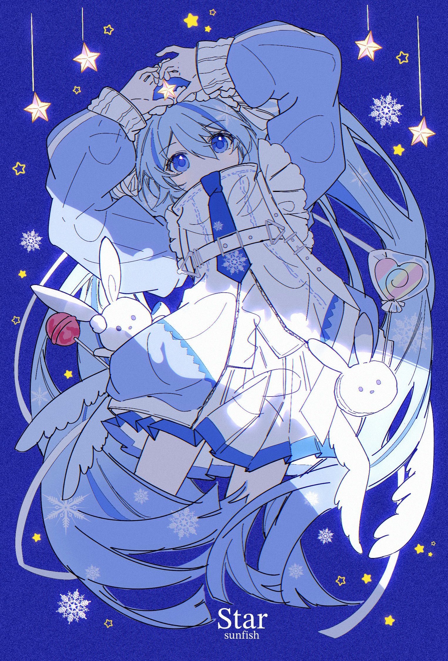 sunfish3939, hatsune miku, rabbit yukine, yuki miku, vocaloid, commentary, highres, 1girl, blue background, blue dress, blue eyes, blue hair, blue necktie, cropped legs, dress, hair between eyes, long hair, long sleeves, necktie, simple background, snowflakes, solo, twintails, very long hair