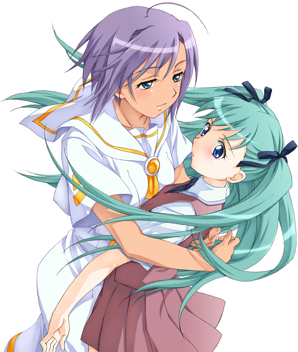 saipaco, alice carroll, athena glory, aria (manga), 00s, 2girls, ahoge, blue eyes, blush, bow, dark-skinned female, dark skin, green hair, hair bow, hair ribbon, hug, long hair, multiple girls, necktie, purple hair, ribbon, school uniform, serafuku, short hair, simple background, skirt, twintails, two side up, yuri
