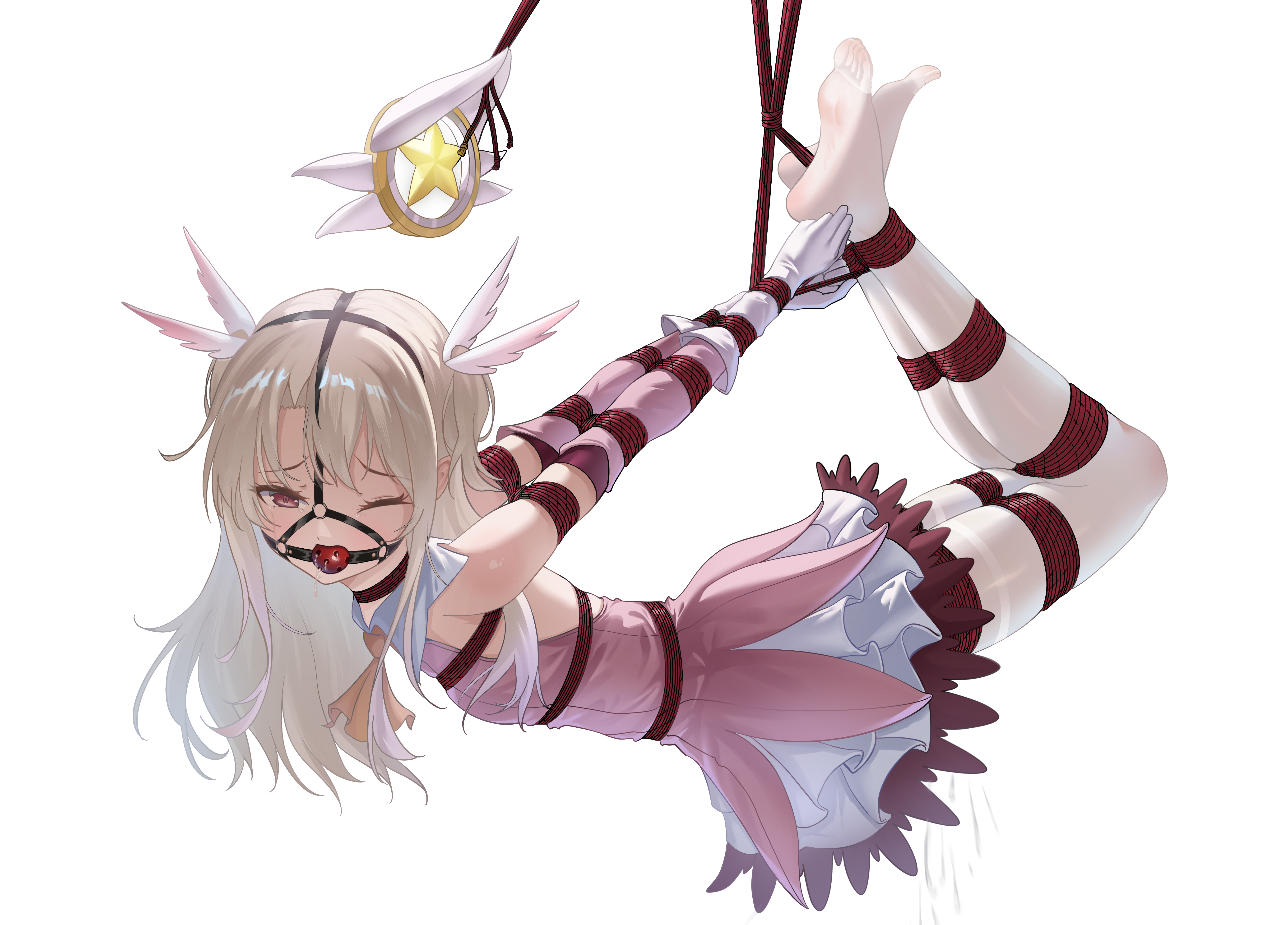 liangfangliangfangliang, illyasviel von einzbern, fate/kaleid liner prisma illya, fate (series), absurdres, highres, 1girl, arms behind back, ball gag, blonde hair, bound, bound arms, bound legs, breasts, detached sleeves, dress, drooling, frilled dress, frills, gag, gag harness, gagged, gloves, hogtie, long hair, pantyhose, pink dress, red eyes, shibari, shibari over clothes, skindentation, small breasts, solo, suspension, white background, white gloves, white pantyhose