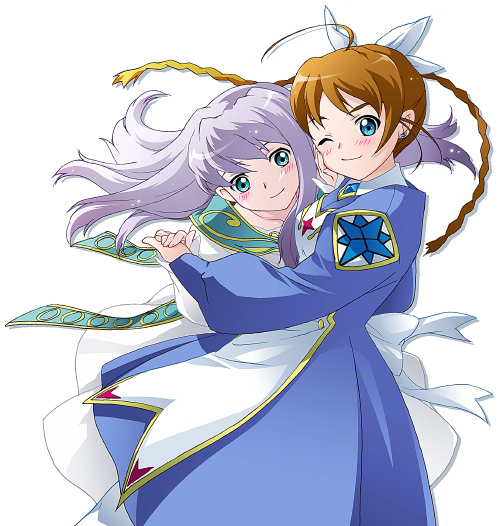 saipaco, arika yumemiya, mashiro blan de windbloom, my-hime, my-otome, light purple hair, 00s, 2girls, ahoge, blue eyes, blush, braid, dress, earrings, green eyes, holding hands, jewelry, long hair, meister otome uniform, multiple girls, orange hair, smile, twin braids
