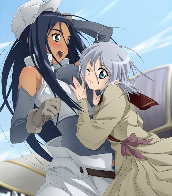 saipaco, morinas (simoun), waporif (simoun), simoun, 00s, 2girls, breasts, closed mouth, couple, dark-skinned female, dark skin, embarrassed, grabbing another's breast, groping, hat, large breasts, long hair, looking at another, looking at viewer, medium breasts, multiple girls, one eye closed, open mouth, short hair, shy, smile, standing, very long hair, wink, yuri