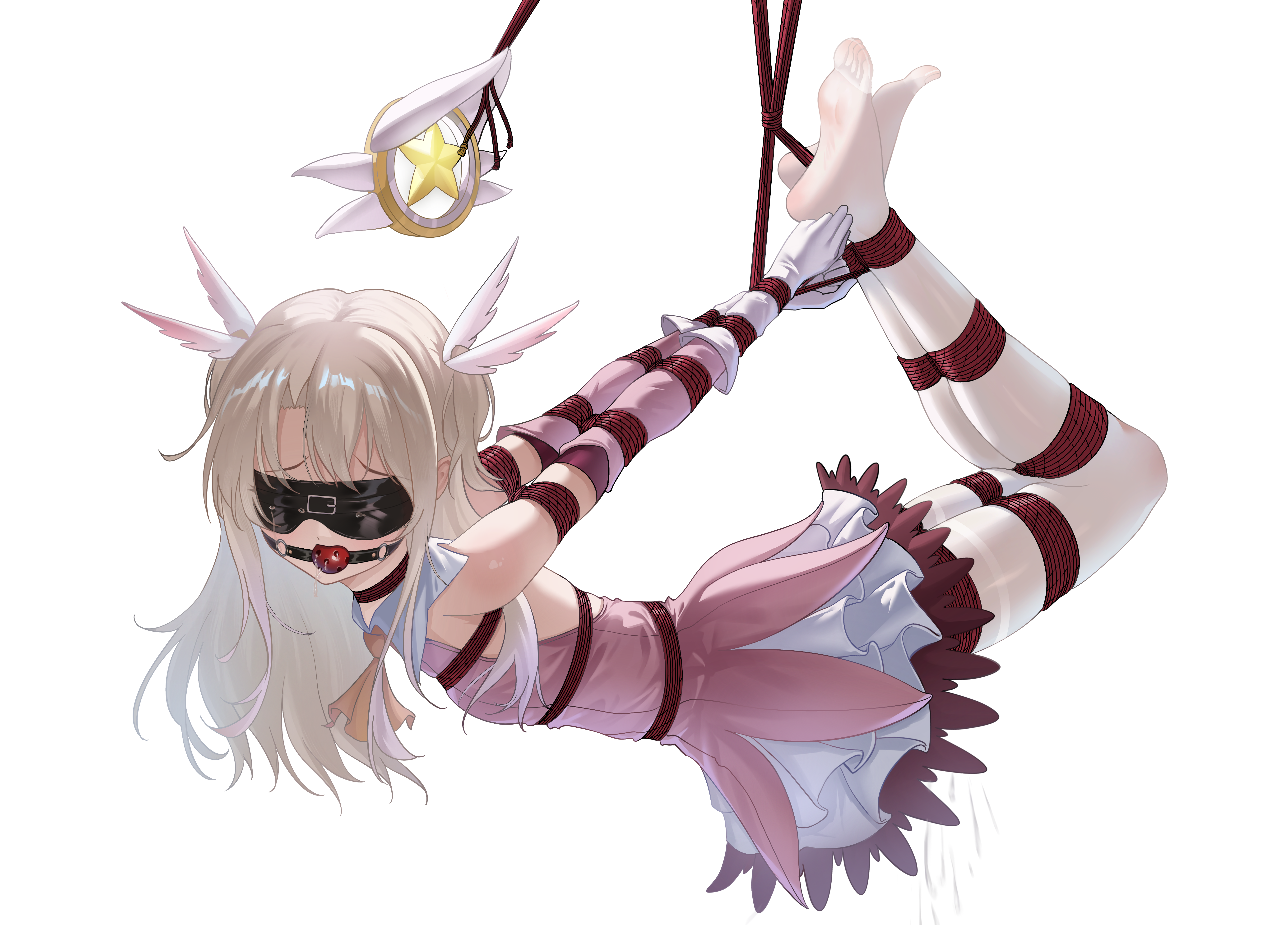 liangfangliangfangliang, illyasviel von einzbern, fate/kaleid liner prisma illya, fate (series), absurdres, highres, 1girl, arms behind back, ball gag, blindfold, blonde hair, bound, bound arms, bound legs, breasts, detached sleeves, dress, drooling, frilled dress, frills, gag, gagged, gloves, hogtie, long hair, pantyhose, pink dress, red eyes, shibari, shibari over clothes, skindentation, small breasts, solo, suspension, white background, white gloves, white pantyhose