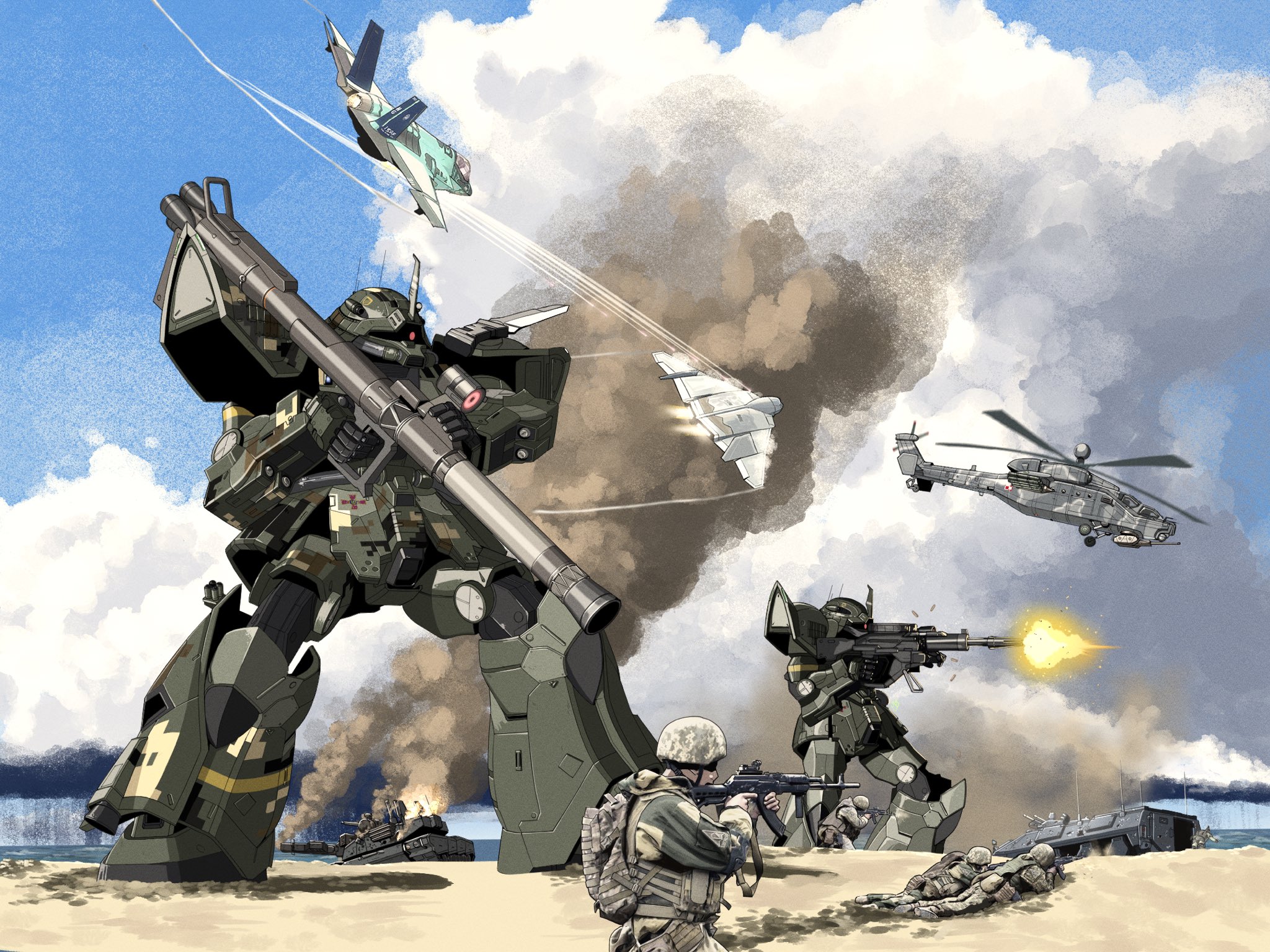 efreet schneid, gundam, gundam unicorn, original, commentary, english commentary, highres, vehicle request, 4boys, aiming, aircraft, airplane, armored personnel carrier, armored vehicle, assault rifle, bazooka (gundam), beach, blue sky, casing ejection, cloud, cloudy sky, combat helmet, day, fighter jet, firing, gun, helicopter, helmet, holding, holding gun, holding weapon, horns, lying, mecha, mecha focus, mfi foxglove, military combat uniform, military uniform, military vehicle, mobile suit, motor vehicle, multiple boys, on stomach, one-eyed, outdoors, red eyes, redesign, rifle, robot, sand, shell casing, single horn, sky, smoke, soldier, standing, tank, war, weapon, wreckage
