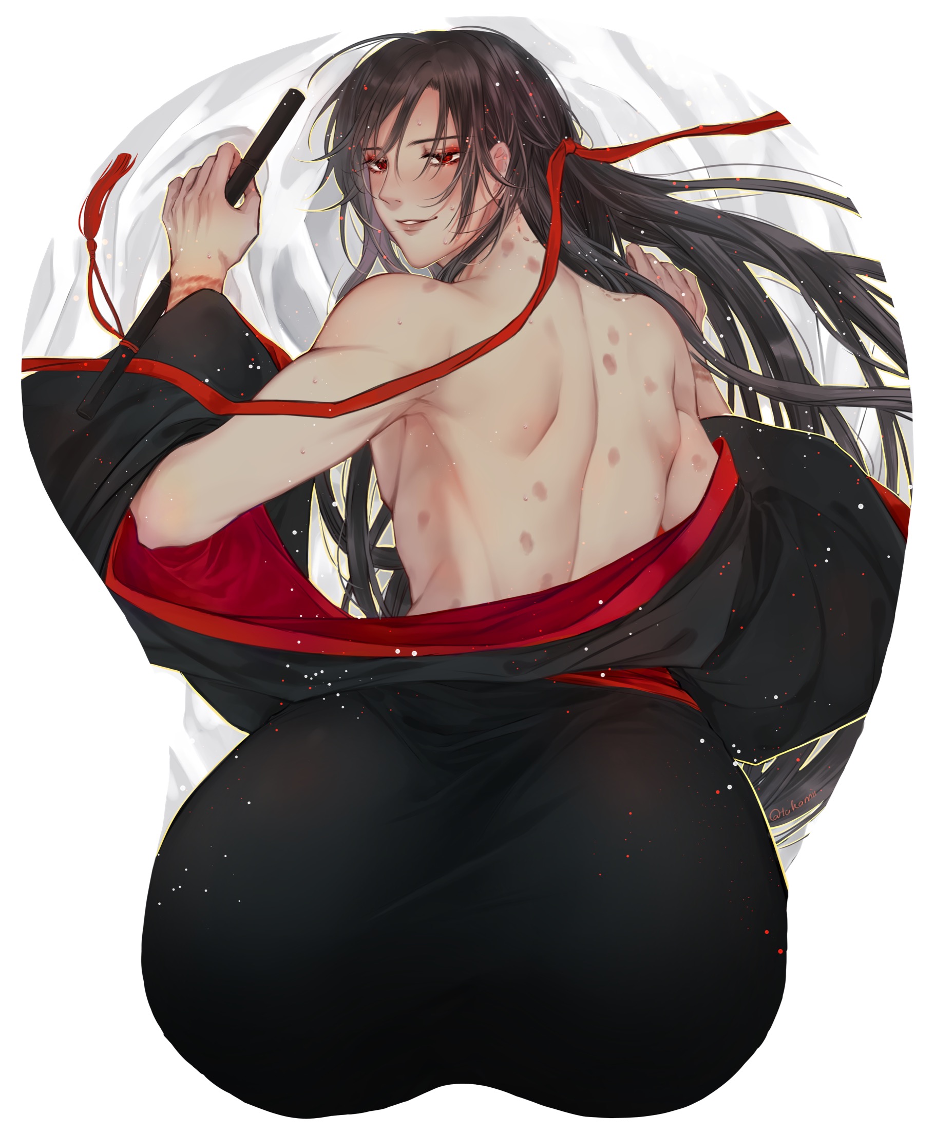 wei wuxian, wei wuxian (yiling laozu), modao zushi, highres, 1boy, ahoge, androgynous, ass, ass focus, back, bare back, bare shoulders, bed sheet, bite mark, black hair, black hanfu, blush, chenqing flute, chinese clothes, clothes down, dizi, eyelashes, flute, flute tassel, from above, from behind, girly boy, hair down, hair ribbon, hair spread out, half updo, hanfu, hickey, holding, holding flute, holding instrument, huge ass, implied yaoi, instrument, light particles, lips, long hair, long sleeves, looking at viewer, looking back, lying, male focus, mousepad (medium), off shoulder, official alternate hairstyle, on stomach, open clothes, open robe, parted lips, pectorals, red eyes, red ribbon, red sash, ribbon, robe, rope marks, sash, shoulder blades, sidelocks, smile, solo, sweat, takatakamii, tassel, toned, toned male, transverse flute, very long hair, white background, wide sleeves